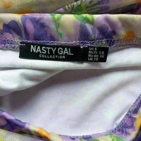 Lilac floral graphic print mini skirt Nasty Gal‎ mesh  ruched side high waisted - Picture 6 of 6